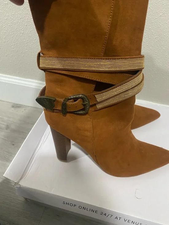 VENUS Cognac Suede Pointed-Toe High-Heel Ankle Boots - Picture 2 of 5